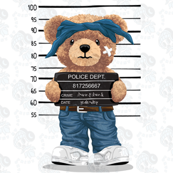 Teddybär im Gangster-Stil, posiert für ein Fahndungsfoto